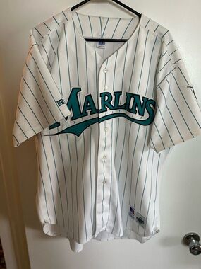 Russell Athletic Florida Marlins White Teal Pinstripe Baseball Jersey